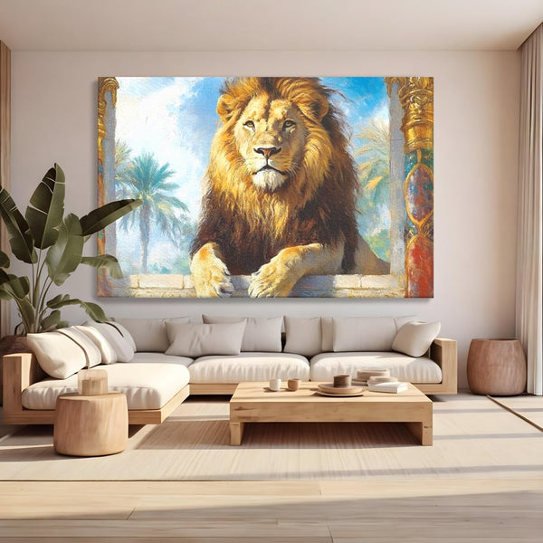 Leinwand Premium Canvas Wandkunst, LuxCanva® M1369, Ewige Krone, Löwe, Palast, Thron, Tempel, Königtum, Gold, Säule, Denkmal, Ahnen, Wächter, Gemälde, Büro, Wohnen, Kinderzimmer