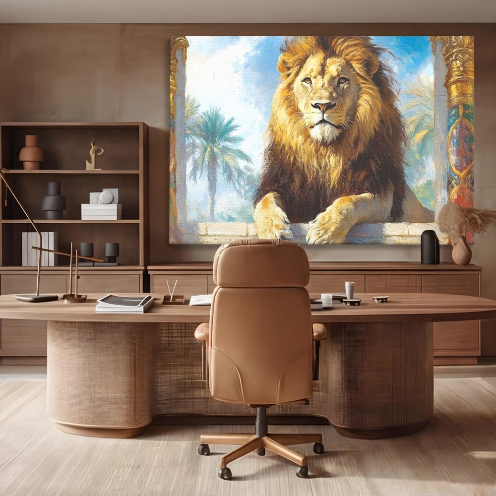Leinwand Premium Canvas Wandkunst, LuxCanva® M1369, Ewige Krone, Löwe, Palast, Thron, Tempel, Königtum, Gold, Säule, Denkmal, Ahnen, Wächter, Gemälde, Büro, Wohnen, Kinderzimmer