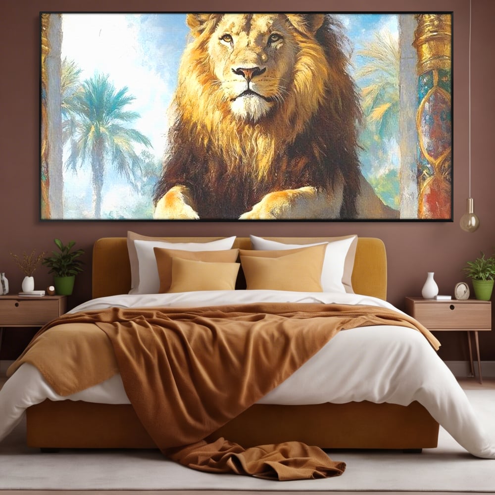 Leinwand Premium Canvas Wandkunst, LuxCanva® M1369, Ewige Krone, Löwe, Palast, Thron, Tempel, Königtum, Gold, Säule, Denkmal, Ahnen, Wächter, Gemälde, Büro, Wohnen, Kinderzimmer