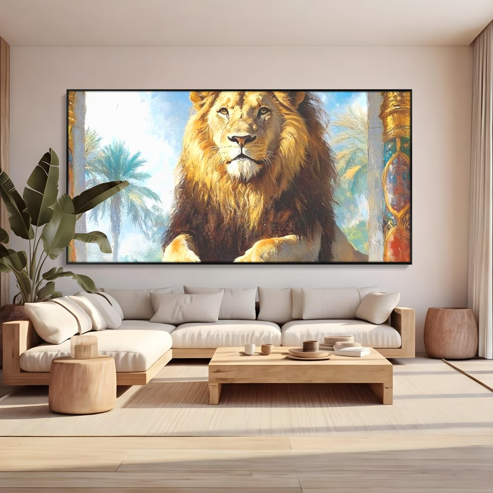 Leinwand Premium Canvas Wandkunst, LuxCanva® M1369, Ewige Krone, Löwe, Palast, Thron, Tempel, Königtum, Gold, Säule, Denkmal, Ahnen, Wächter, Gemälde, Büro, Wohnen, Kinderzimmer