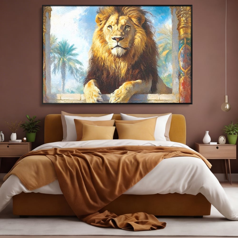 Leinwand Premium Canvas Wandkunst, LuxCanva® M1369, Ewige Krone, Löwe, Palast, Thron, Tempel, Königtum, Gold, Säule, Denkmal, Ahnen, Wächter, Gemälde, Büro, Wohnen, Kinderzimmer