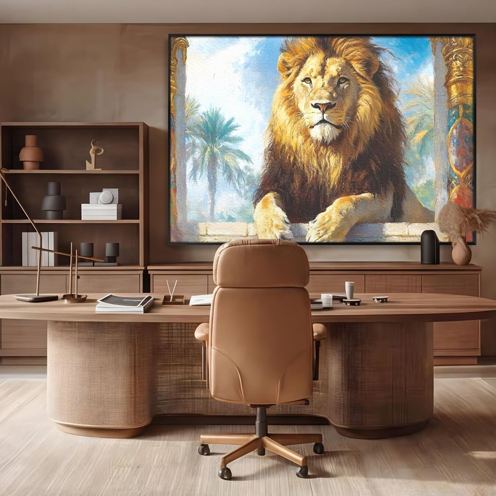 Leinwand Premium Canvas Wandkunst, LuxCanva® M1369, Ewige Krone, Löwe, Palast, Thron, Tempel, Königtum, Gold, Säule, Denkmal, Ahnen, Wächter, Gemälde, Büro, Wohnen, Kinderzimmer