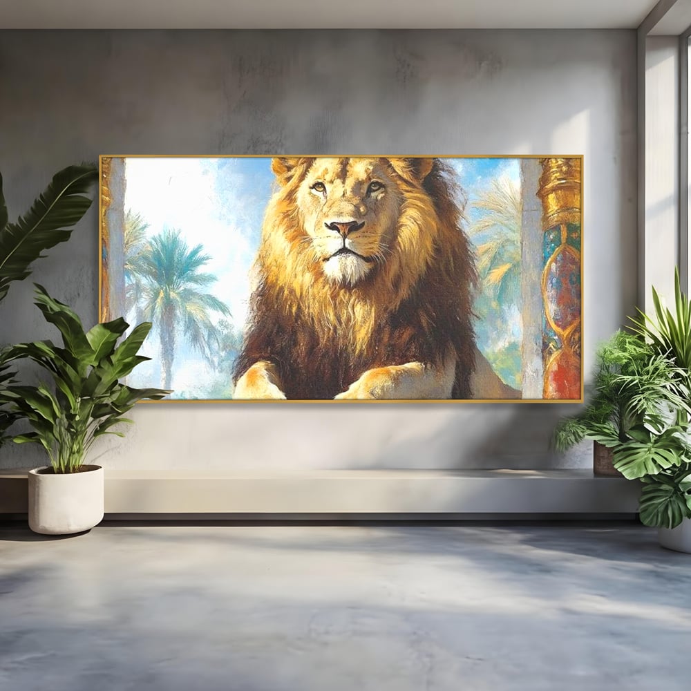 Leinwand Premium Canvas Wandkunst, LuxCanva® M1369, Ewige Krone, Löwe, Palast, Thron, Tempel, Königtum, Gold, Säule, Denkmal, Ahnen, Wächter, Gemälde, Büro, Wohnen, Kinderzimmer
