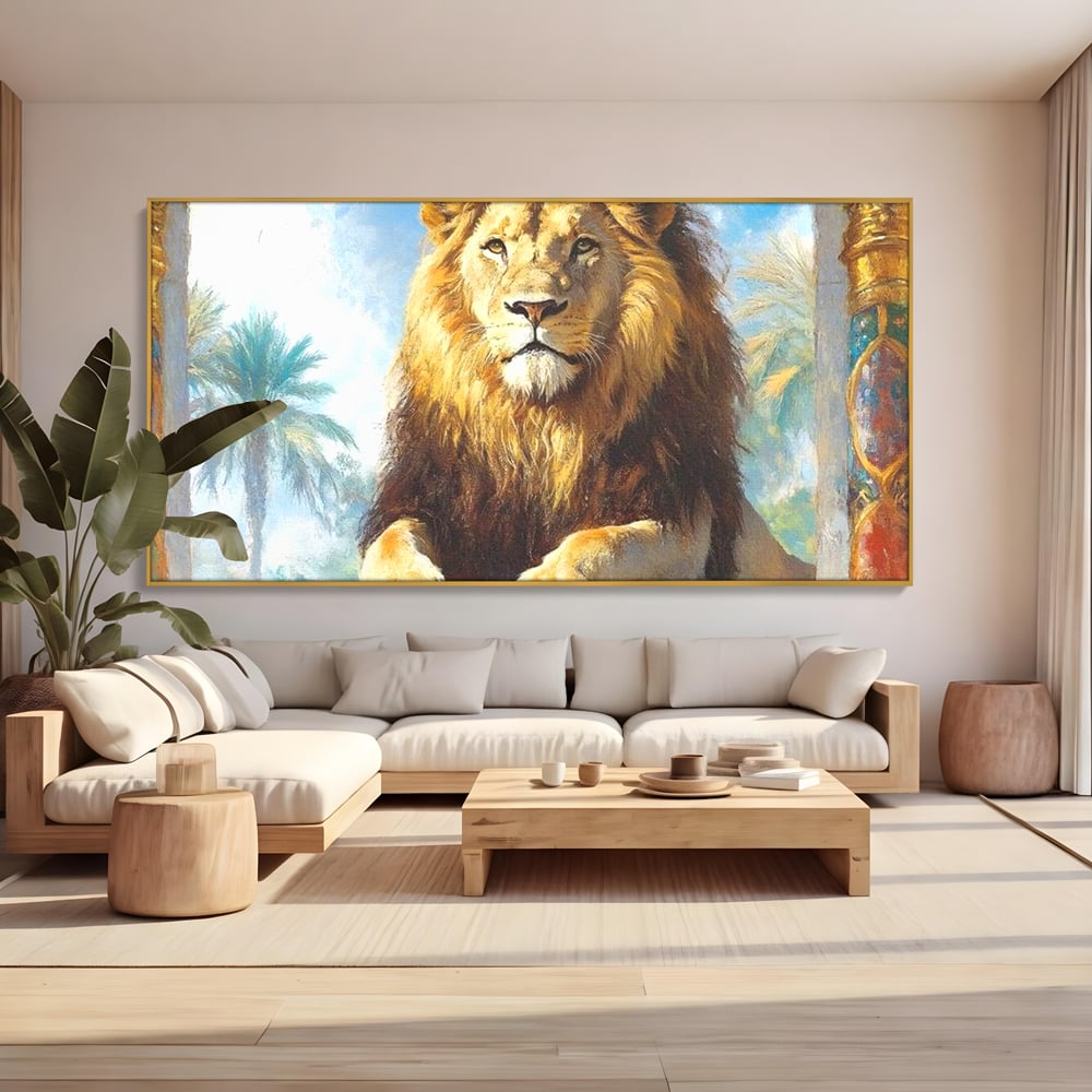 Leinwand Premium Canvas Wandkunst, LuxCanva® M1369, Ewige Krone, Löwe, Palast, Thron, Tempel, Königtum, Gold, Säule, Denkmal, Ahnen, Wächter, Gemälde, Büro, Wohnen, Kinderzimmer