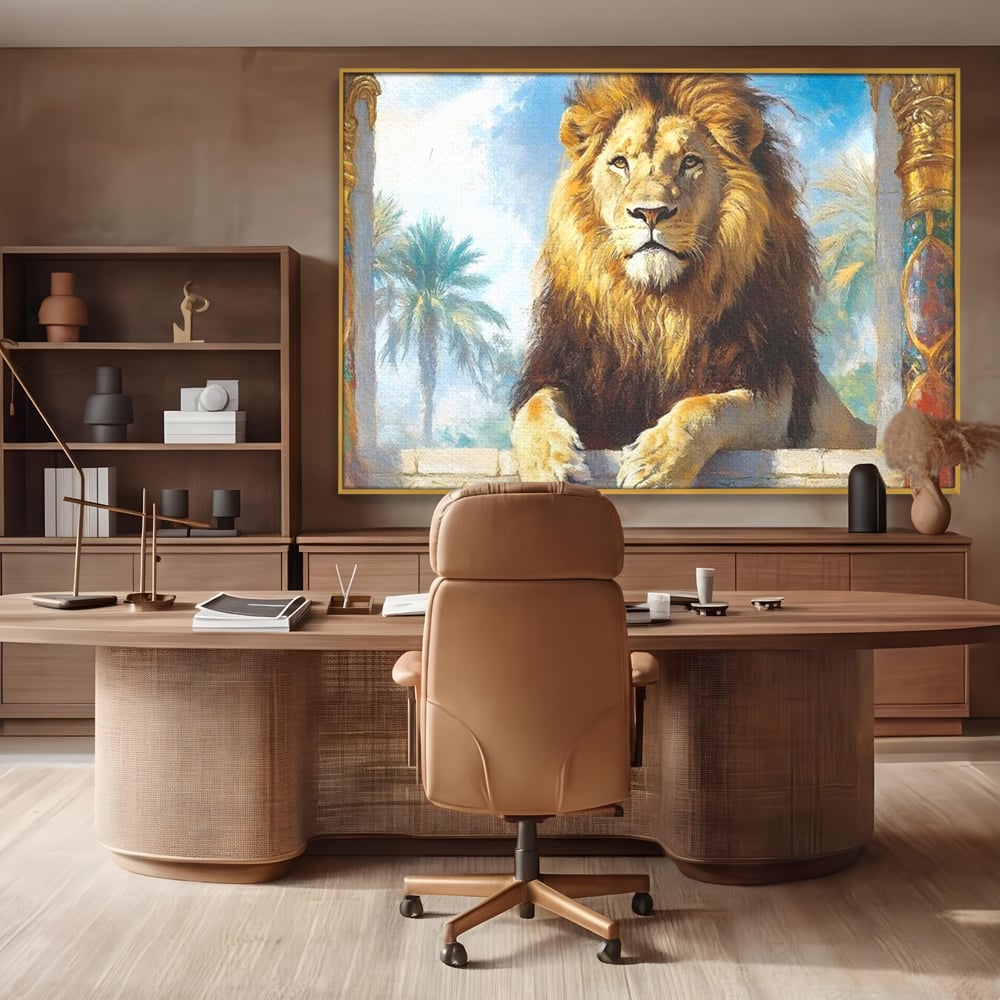 Leinwand Premium Canvas Wandkunst, LuxCanva® M1369, Ewige Krone, Löwe, Palast, Thron, Tempel, Königtum, Gold, Säule, Denkmal, Ahnen, Wächter, Gemälde, Büro, Wohnen, Kinderzimmer