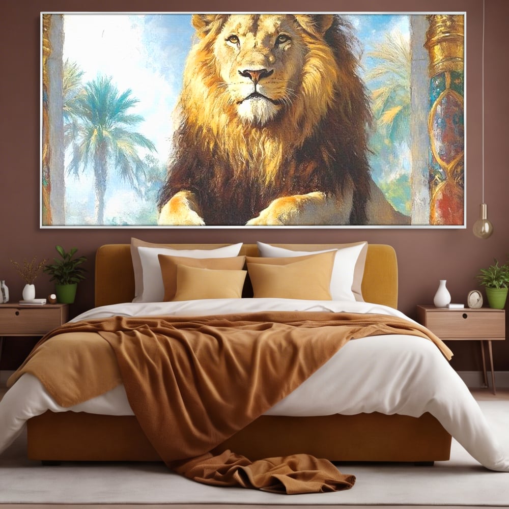 Leinwand Premium Canvas Wandkunst, LuxCanva® M1369, Ewige Krone, Löwe, Palast, Thron, Tempel, Königtum, Gold, Säule, Denkmal, Ahnen, Wächter, Gemälde, Büro, Wohnen, Kinderzimmer