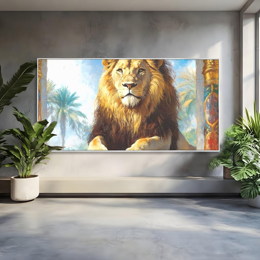 Leinwand Premium Canvas Wandkunst, LuxCanva® M1369, Ewige Krone, Löwe, Palast, Thron, Tempel, Königtum, Gold, Säule, Denkmal, Ahnen, Wächter, Gemälde, Büro, Wohnen, Kinderzimmer