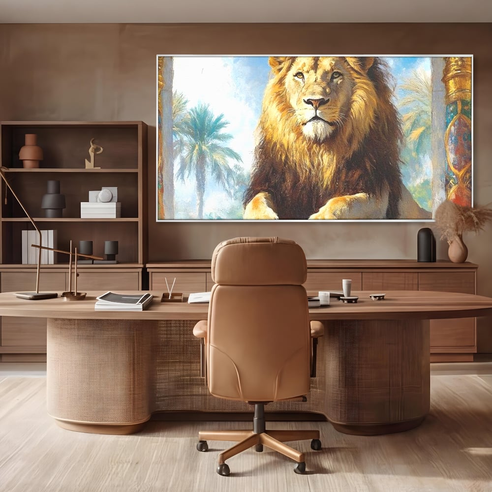 Leinwand Premium Canvas Wandkunst, LuxCanva® M1369, Ewige Krone, Löwe, Palast, Thron, Tempel, Königtum, Gold, Säule, Denkmal, Ahnen, Wächter, Gemälde, Büro, Wohnen, Kinderzimmer