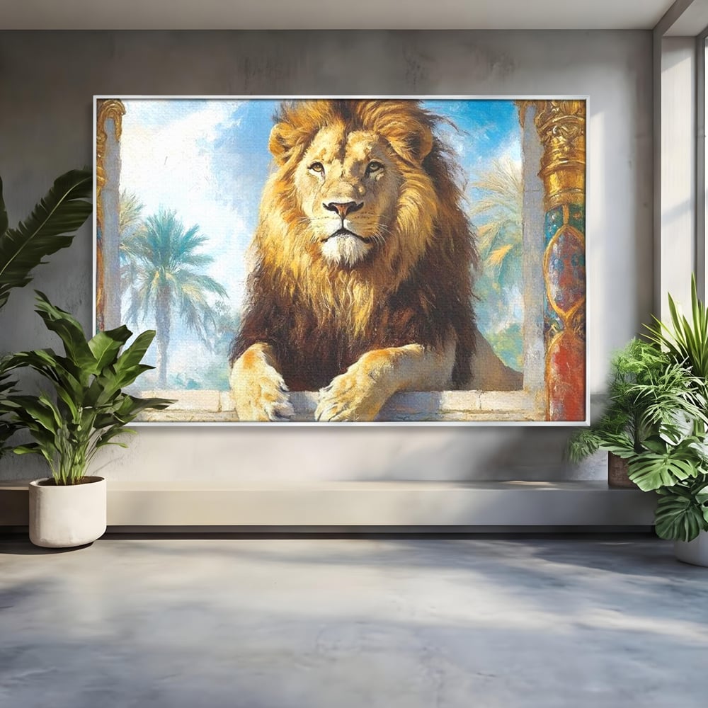 Leinwand Premium Canvas Wandkunst, LuxCanva® M1369, Ewige Krone, Löwe, Palast, Thron, Tempel, Königtum, Gold, Säule, Denkmal, Ahnen, Wächter, Gemälde, Büro, Wohnen, Kinderzimmer