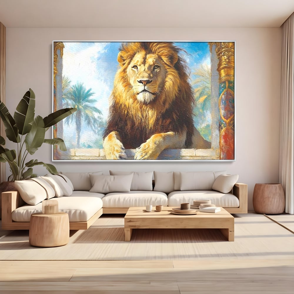Leinwand Premium Canvas Wandkunst, LuxCanva® M1369, Ewige Krone, Löwe, Palast, Thron, Tempel, Königtum, Gold, Säule, Denkmal, Ahnen, Wächter, Gemälde, Büro, Wohnen, Kinderzimmer