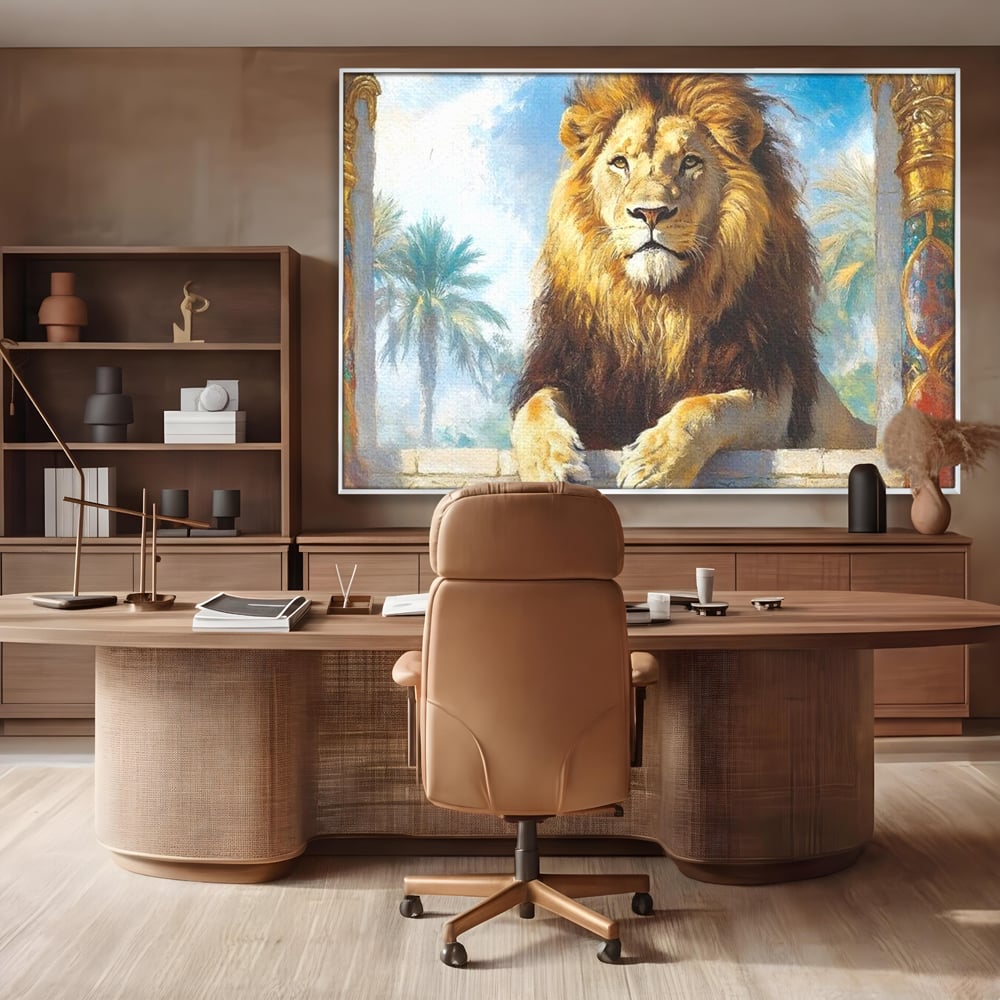 Leinwand Premium Canvas Wandkunst, LuxCanva® M1369, Ewige Krone, Löwe, Palast, Thron, Tempel, Königtum, Gold, Säule, Denkmal, Ahnen, Wächter, Gemälde, Büro, Wohnen, Kinderzimmer