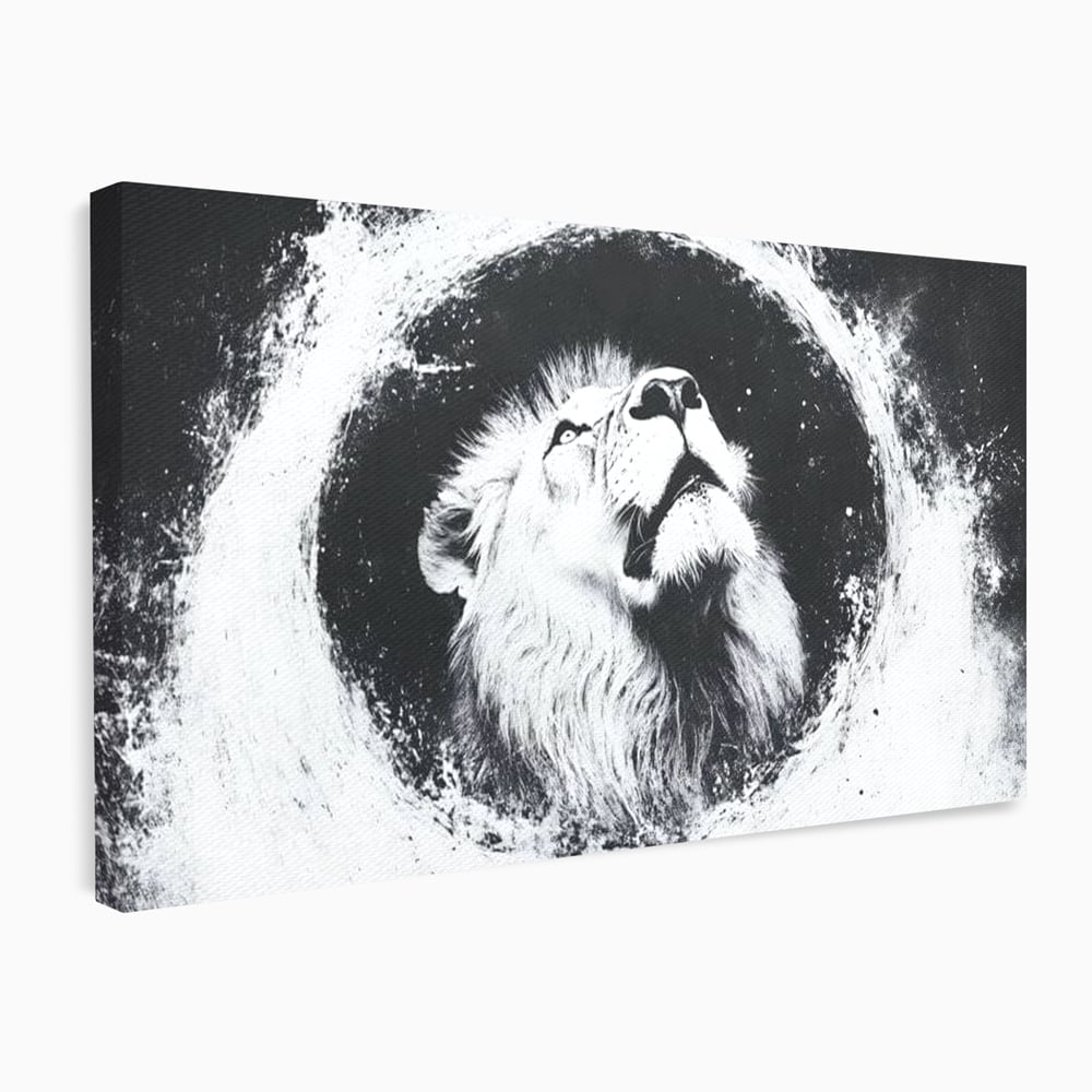 Leinwand Wandkunst Canvas Premium, LuxCanva® M1370, Himmelfahrt in Schwarz und Weiß, Astral, Orbit, Löwe, Portal, Kosmos, Kreis, Universum, Unendlichkeit, Abstrakte Kunst, Büro, Wohnen, Kinderzimmer