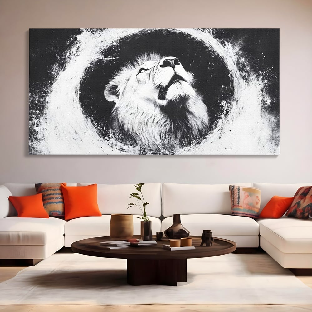 Leinwand Wandkunst Canvas Premium, LuxCanva® M1370, Himmelfahrt in Schwarz und Weiß, Astral, Orbit, Löwe, Portal, Kosmos, Kreis, Universum, Unendlichkeit, Abstrakte Kunst, Büro, Wohnen, Kinderzimmer