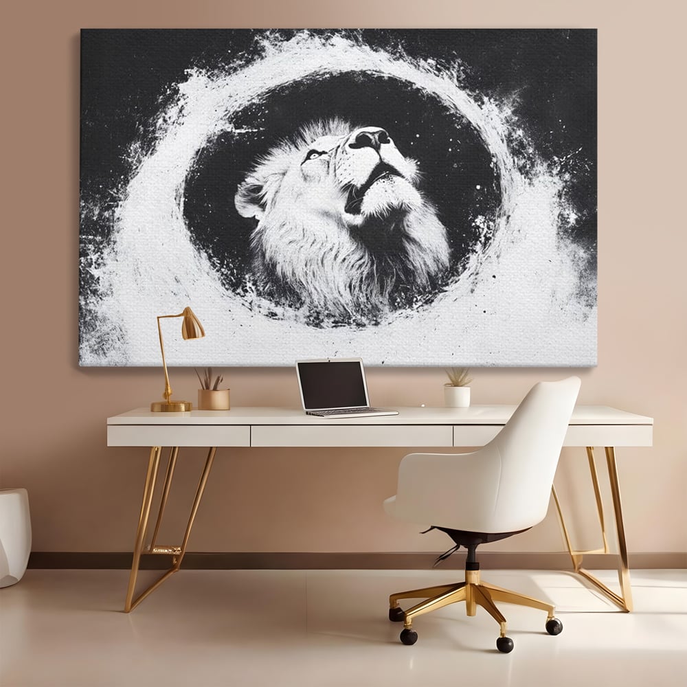 Leinwand Wandkunst Canvas Premium, LuxCanva® M1370, Himmelfahrt in Schwarz und Weiß, Astral, Orbit, Löwe, Portal, Kosmos, Kreis, Universum, Unendlichkeit, Abstrakte Kunst, Büro, Wohnen, Kinderzimmer