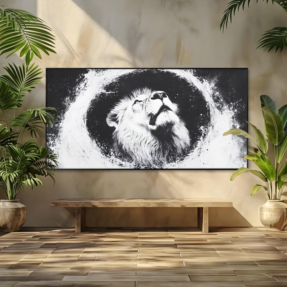 Leinwand Wandkunst Canvas Premium, LuxCanva® M1370, Himmelfahrt in Schwarz und Weiß, Astral, Orbit, Löwe, Portal, Kosmos, Kreis, Universum, Unendlichkeit, Abstrakte Kunst, Büro, Wohnen, Kinderzimmer