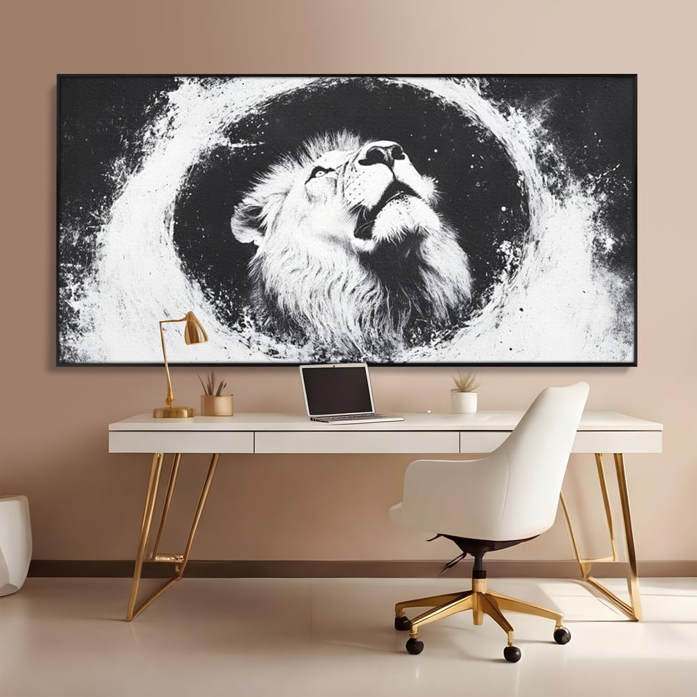 Leinwand Wandkunst Canvas Premium, LuxCanva® M1370, Himmelfahrt in Schwarz und Weiß, Astral, Orbit, Löwe, Portal, Kosmos, Kreis, Universum, Unendlichkeit, Abstrakte Kunst, Büro, Wohnen, Kinderzimmer