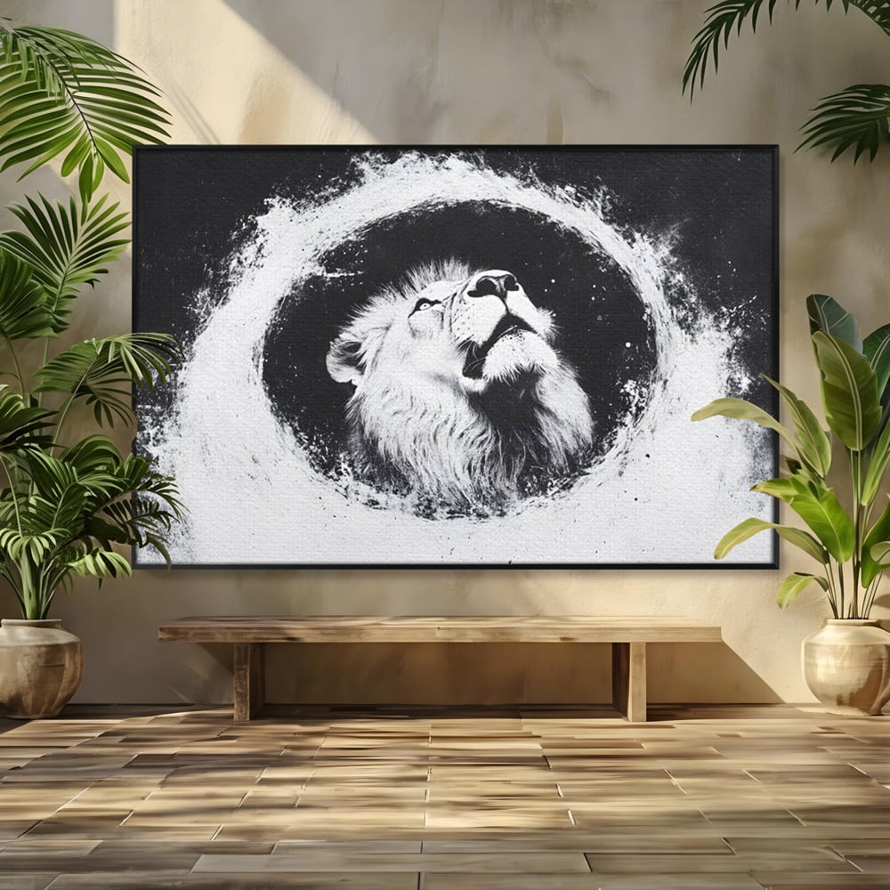 Leinwand Wandkunst Canvas Premium, LuxCanva® M1370, Himmelfahrt in Schwarz und Weiß, Astral, Orbit, Löwe, Portal, Kosmos, Kreis, Universum, Unendlichkeit, Abstrakte Kunst, Büro, Wohnen, Kinderzimmer