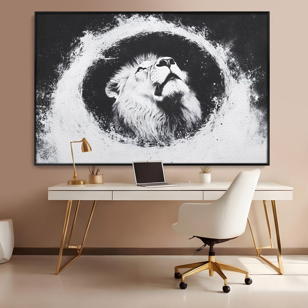Leinwand Wandkunst Canvas Premium, LuxCanva® M1370, Himmelfahrt in Schwarz und Weiß, Astral, Orbit, Löwe, Portal, Kosmos, Kreis, Universum, Unendlichkeit, Abstrakte Kunst, Büro, Wohnen, Kinderzimmer