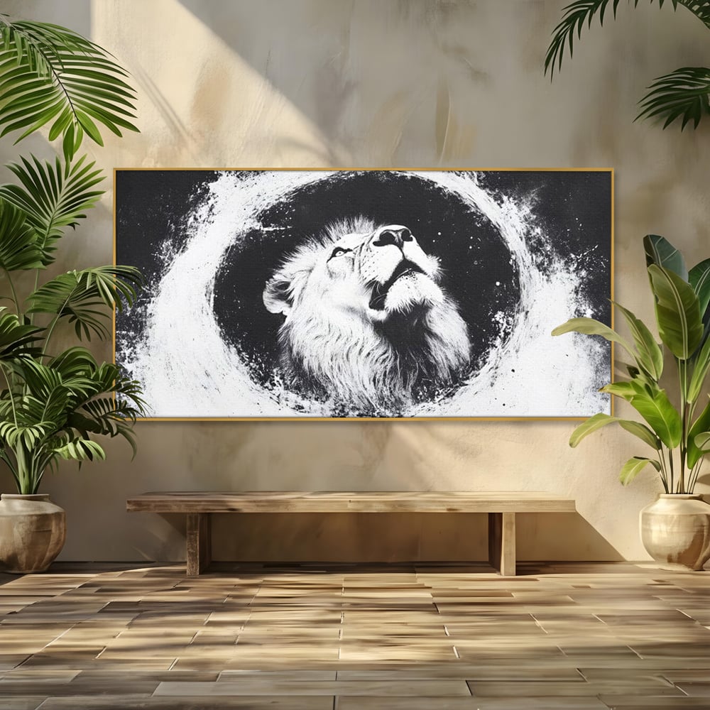 Leinwand Wandkunst Canvas Premium, LuxCanva® M1370, Himmelfahrt in Schwarz und Weiß, Astral, Orbit, Löwe, Portal, Kosmos, Kreis, Universum, Unendlichkeit, Abstrakte Kunst, Büro, Wohnen, Kinderzimmer