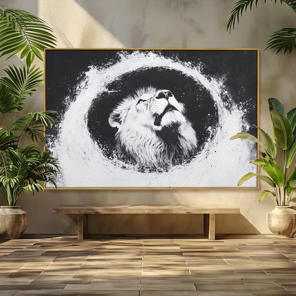 Leinwand Wandkunst Canvas Premium, LuxCanva® M1370, Himmelfahrt in Schwarz und Weiß, Astral, Orbit, Löwe, Portal, Kosmos, Kreis, Universum, Unendlichkeit, Abstrakte Kunst, Büro, Wohnen, Kinderzimmer
