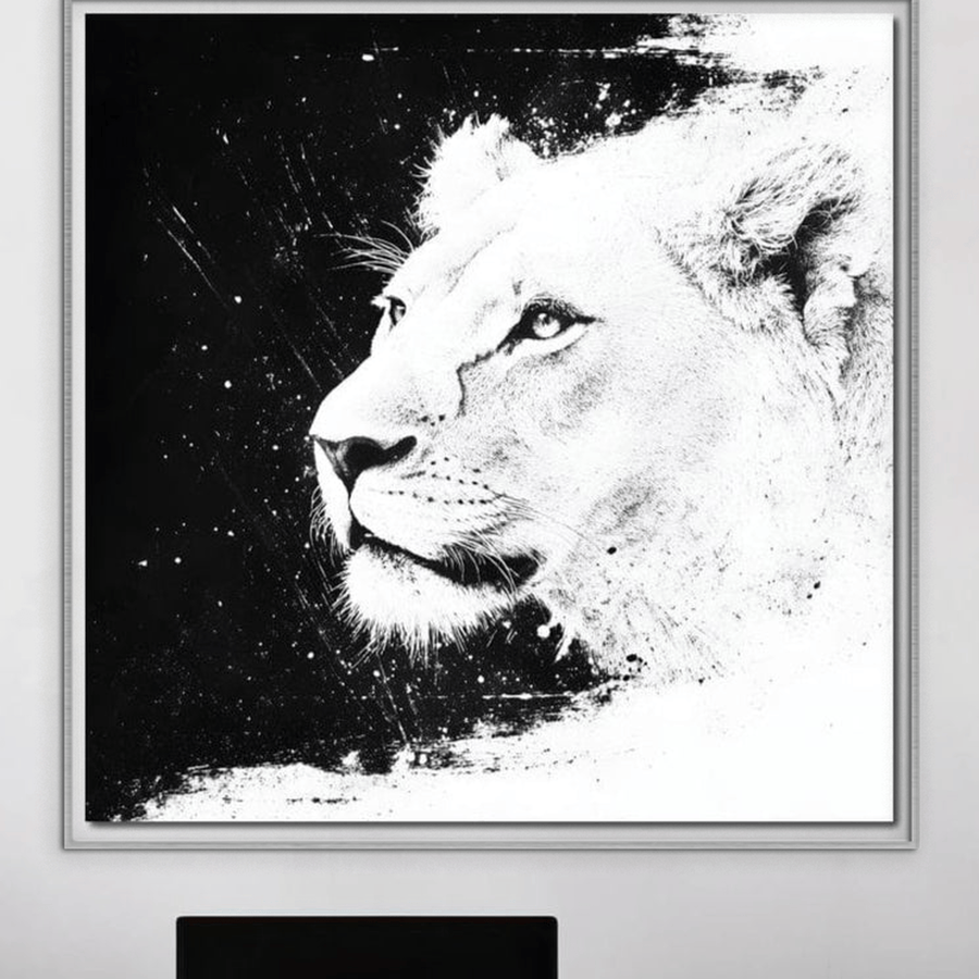 LuxCanva® Tablou Canvas Premium M1371 "Regina Junglei" leoaică alb-negru, portret abstract, este imprimat pe pânză de bumbac cu calitate premium și montat elegant pe perete deasupra unui cabinet negru.