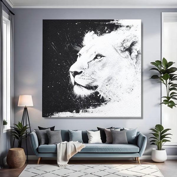 Premium-Leinwandkunst, LuxCanva® M1371, Königin des Dschungels, Löwin, Schwarz-Weiß, Malerei, Abstrakt, Abstrakt, Portrait, Profil, Vision, Reinheit, Edel, Büro, Wohnen, Kinderzimmer