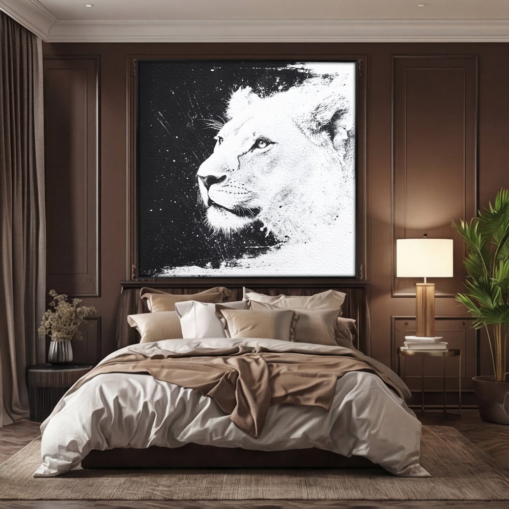 Premium-Leinwandkunst, LuxCanva® M1371, Königin des Dschungels, Löwin, Schwarz-Weiß, Malerei, Abstrakt, Abstrakt, Portrait, Profil, Vision, Reinheit, Edel, Büro, Wohnen, Kinderzimmer