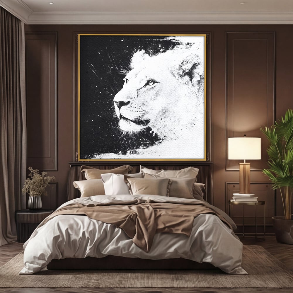 Premium-Leinwandkunst, LuxCanva® M1371, Königin des Dschungels, Löwin, Schwarz-Weiß, Malerei, Abstrakt, Abstrakt, Portrait, Profil, Vision, Reinheit, Edel, Büro, Wohnen, Kinderzimmer