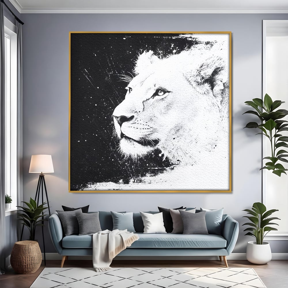 Premium-Leinwandkunst, LuxCanva® M1371, Königin des Dschungels, Löwin, Schwarz-Weiß, Malerei, Abstrakt, Abstrakt, Portrait, Profil, Vision, Reinheit, Edel, Büro, Wohnen, Kinderzimmer