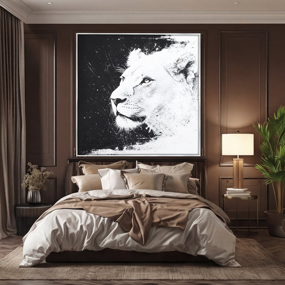 Premium-Leinwandkunst, LuxCanva® M1371, Königin des Dschungels, Löwin, Schwarz-Weiß, Malerei, Abstrakt, Abstrakt, Portrait, Profil, Vision, Reinheit, Edel, Büro, Wohnen, Kinderzimmer