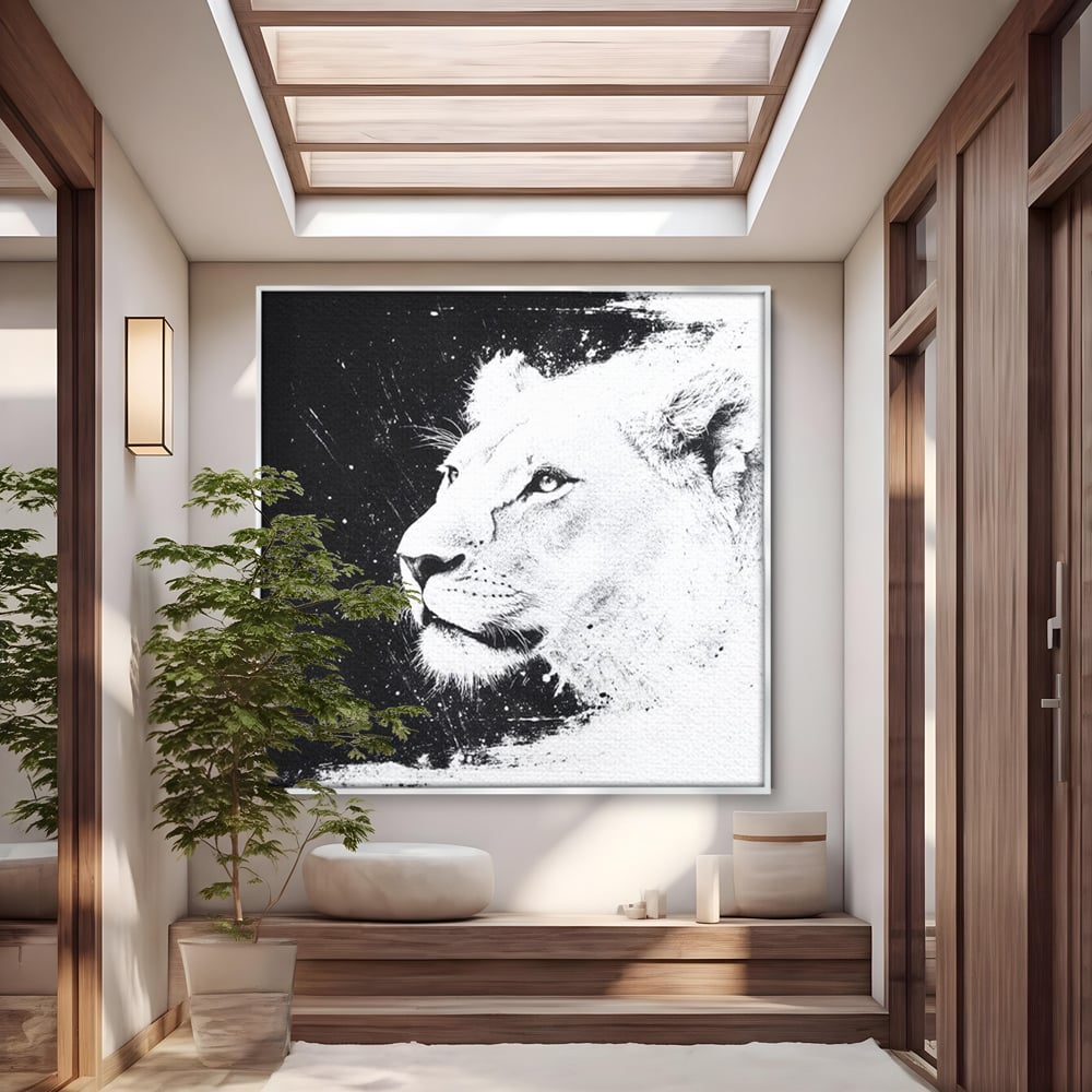 Premium-Leinwandkunst, LuxCanva® M1371, Königin des Dschungels, Löwin, Schwarz-Weiß, Malerei, Abstrakt, Abstrakt, Portrait, Profil, Vision, Reinheit, Edel, Büro, Wohnen, Kinderzimmer