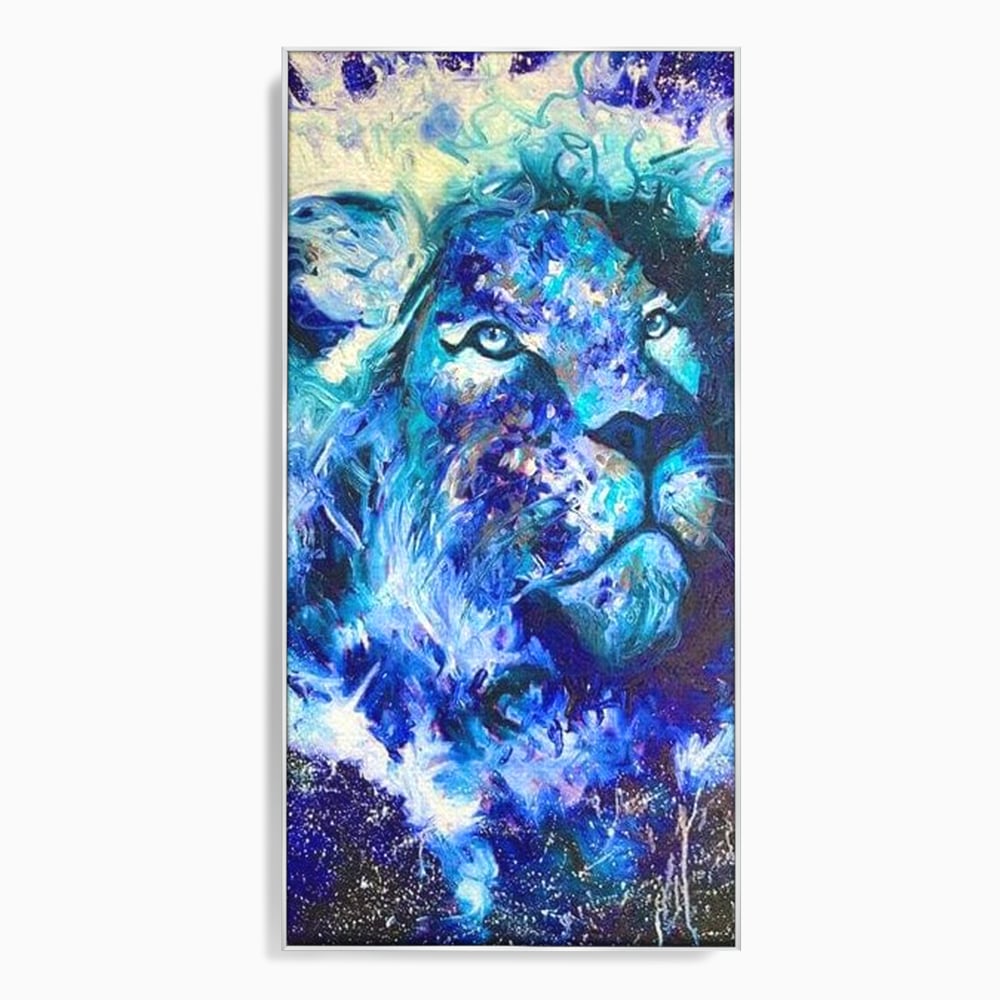 Leinwand Wandkunst Canvas Premium, LuxCanva® M1372, Kosmisches Leuchten, Universum, Sterne, Blau, Löwe, Tier, Kraft, Licht, Aurora, Mysterium, Energie, Abstrakte Kunst, Büro, Wohnen, Kinderzimmer