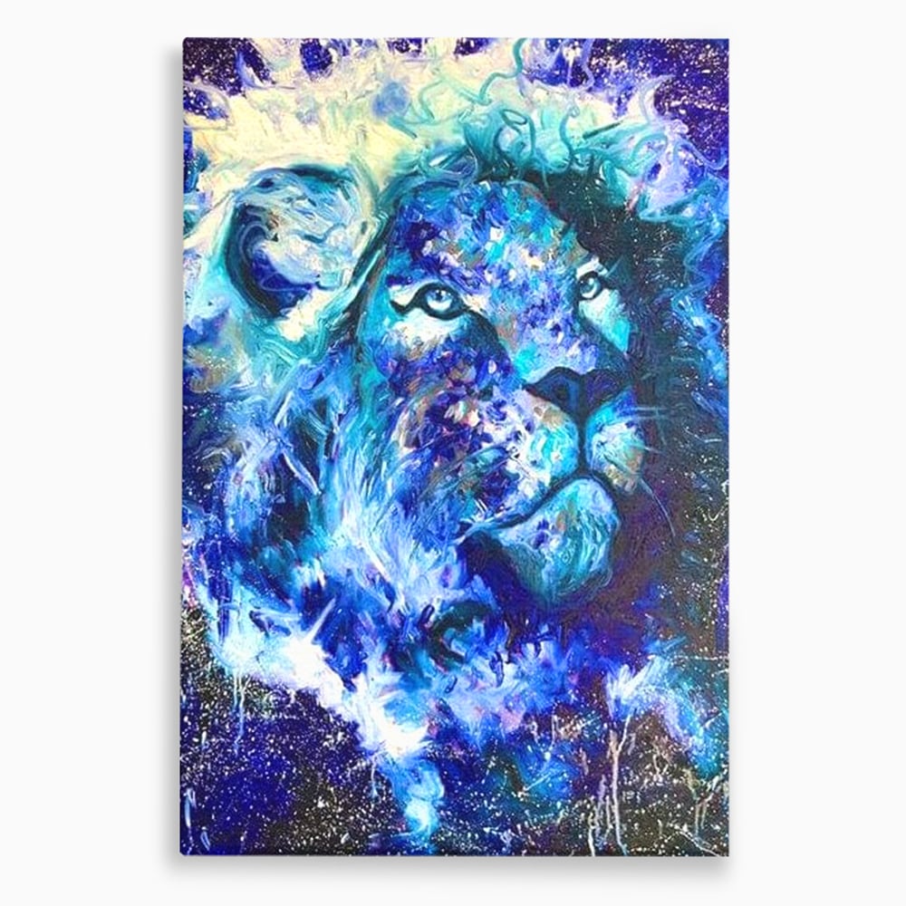 Leinwand Wandkunst Canvas Premium, LuxCanva® M1372, Kosmisches Leuchten, Universum, Sterne, Blau, Löwe, Tier, Kraft, Licht, Aurora, Mysterium, Energie, Abstrakte Kunst, Büro, Wohnen, Kinderzimmer