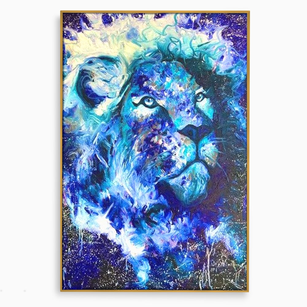 Leinwand Wandkunst Canvas Premium, LuxCanva® M1372, Kosmisches Leuchten, Universum, Sterne, Blau, Löwe, Tier, Kraft, Licht, Aurora, Mysterium, Energie, Abstrakte Kunst, Büro, Wohnen, Kinderzimmer
