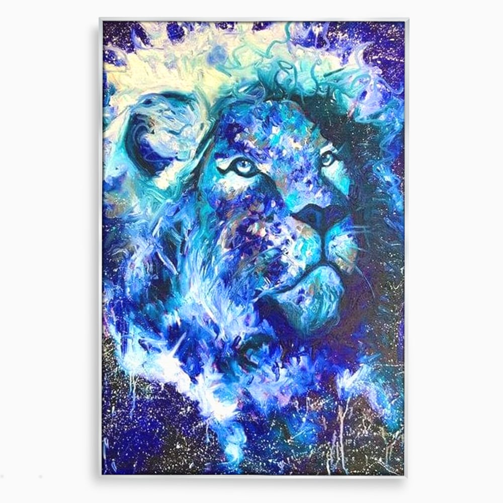 Leinwand Wandkunst Canvas Premium, LuxCanva® M1372, Kosmisches Leuchten, Universum, Sterne, Blau, Löwe, Tier, Kraft, Licht, Aurora, Mysterium, Energie, Abstrakte Kunst, Büro, Wohnen, Kinderzimmer