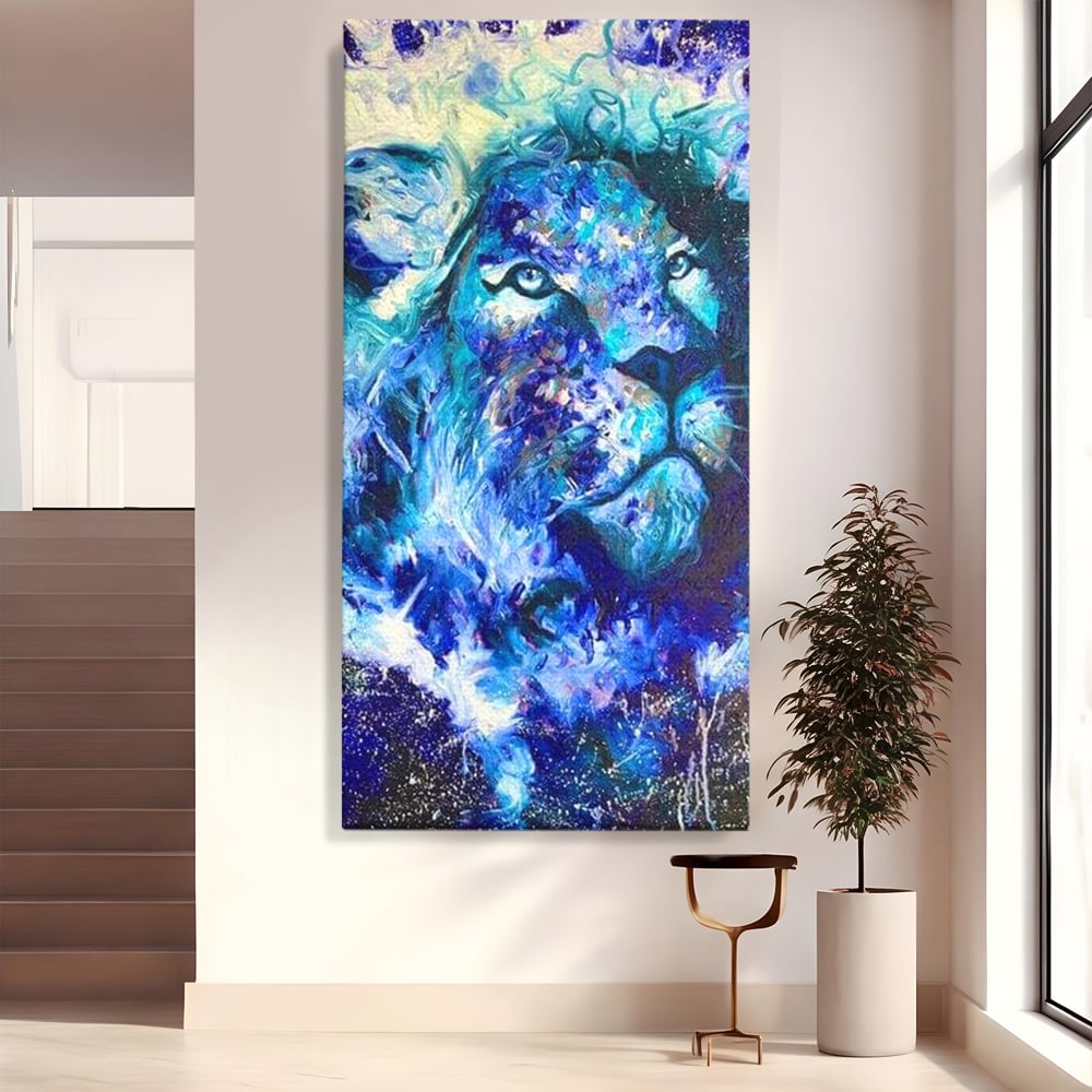 Leinwand Wandkunst Canvas Premium, LuxCanva® M1372, Kosmisches Leuchten, Universum, Sterne, Blau, Löwe, Tier, Kraft, Licht, Aurora, Mysterium, Energie, Abstrakte Kunst, Büro, Wohnen, Kinderzimmer
