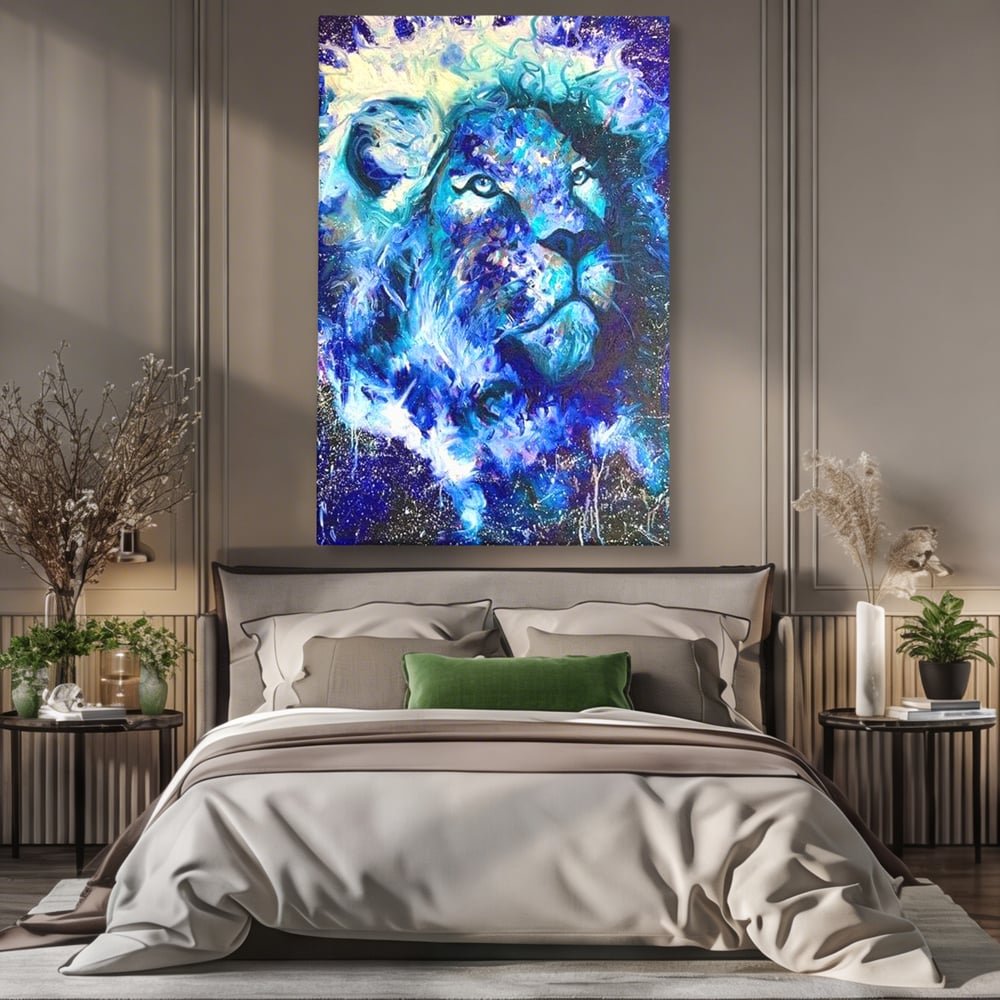 Leinwand Wandkunst Canvas Premium, LuxCanva® M1372, Kosmisches Leuchten, Universum, Sterne, Blau, Löwe, Tier, Kraft, Licht, Aurora, Mysterium, Energie, Abstrakte Kunst, Büro, Wohnen, Kinderzimmer