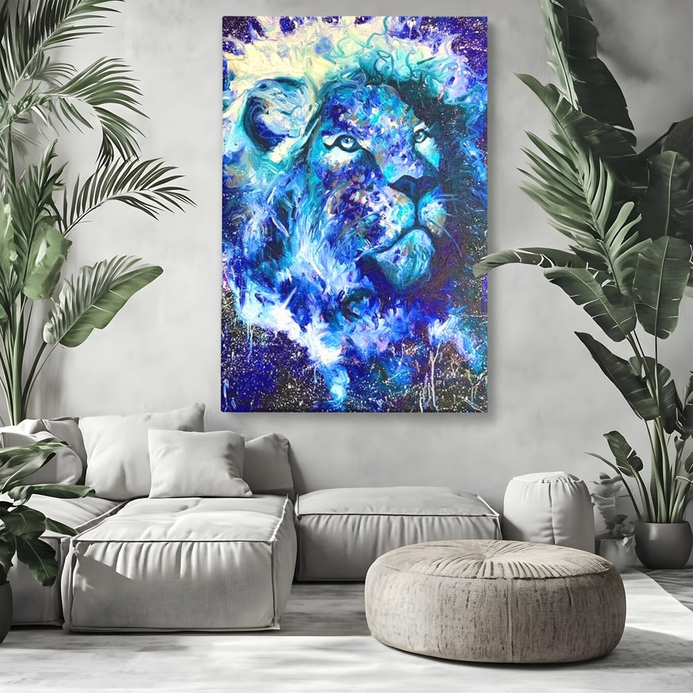 Leinwand Wandkunst Canvas Premium, LuxCanva® M1372, Kosmisches Leuchten, Universum, Sterne, Blau, Löwe, Tier, Kraft, Licht, Aurora, Mysterium, Energie, Abstrakte Kunst, Büro, Wohnen, Kinderzimmer