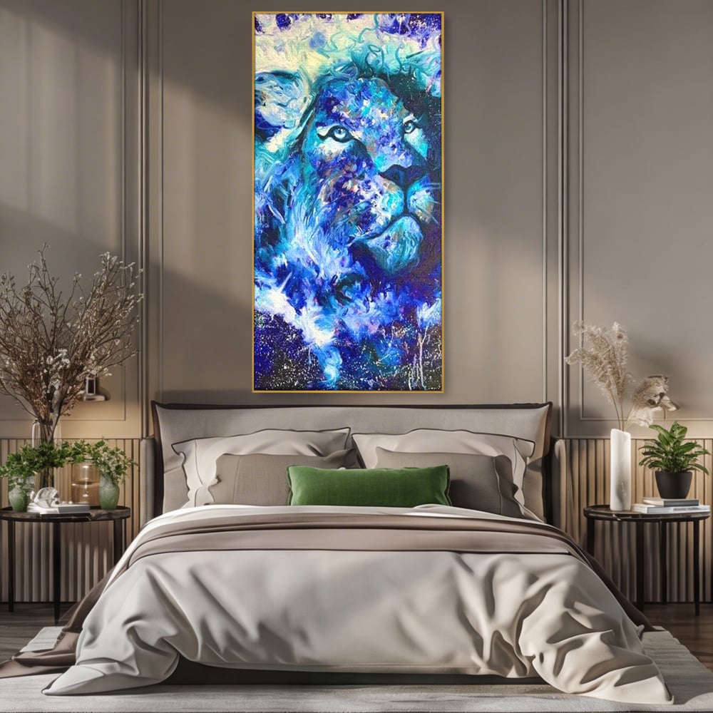 Leinwand Wandkunst Canvas Premium, LuxCanva® M1372, Kosmisches Leuchten, Universum, Sterne, Blau, Löwe, Tier, Kraft, Licht, Aurora, Mysterium, Energie, Abstrakte Kunst, Büro, Wohnen, Kinderzimmer