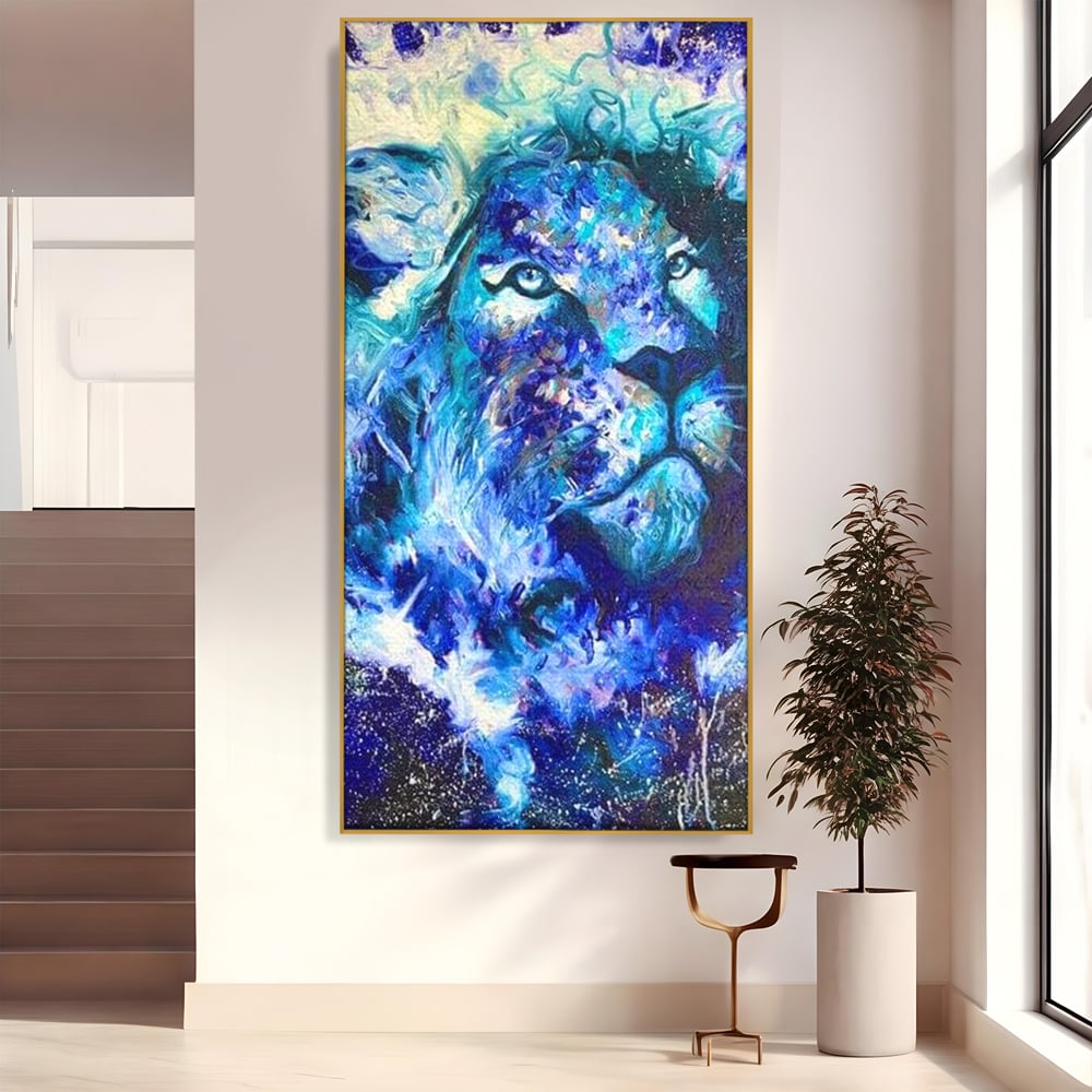 Leinwand Wandkunst Canvas Premium, LuxCanva® M1372, Kosmisches Leuchten, Universum, Sterne, Blau, Löwe, Tier, Kraft, Licht, Aurora, Mysterium, Energie, Abstrakte Kunst, Büro, Wohnen, Kinderzimmer