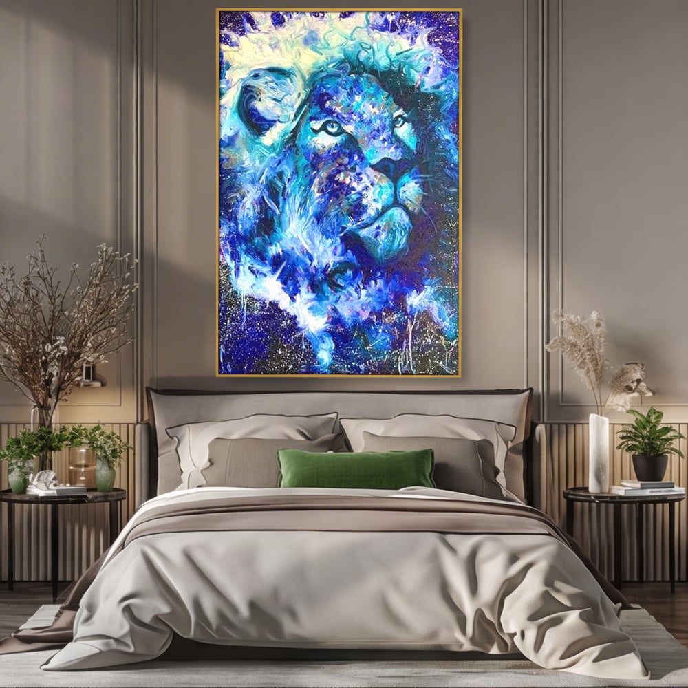 Leinwand Wandkunst Canvas Premium, LuxCanva® M1372, Kosmisches Leuchten, Universum, Sterne, Blau, Löwe, Tier, Kraft, Licht, Aurora, Mysterium, Energie, Abstrakte Kunst, Büro, Wohnen, Kinderzimmer