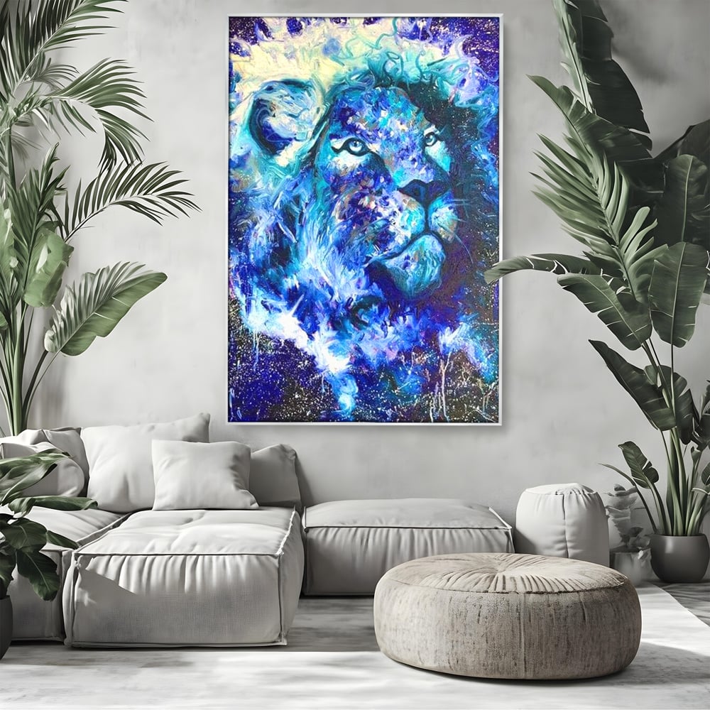 Leinwand Wandkunst Canvas Premium, LuxCanva® M1372, Kosmisches Leuchten, Universum, Sterne, Blau, Löwe, Tier, Kraft, Licht, Aurora, Mysterium, Energie, Abstrakte Kunst, Büro, Wohnen, Kinderzimmer