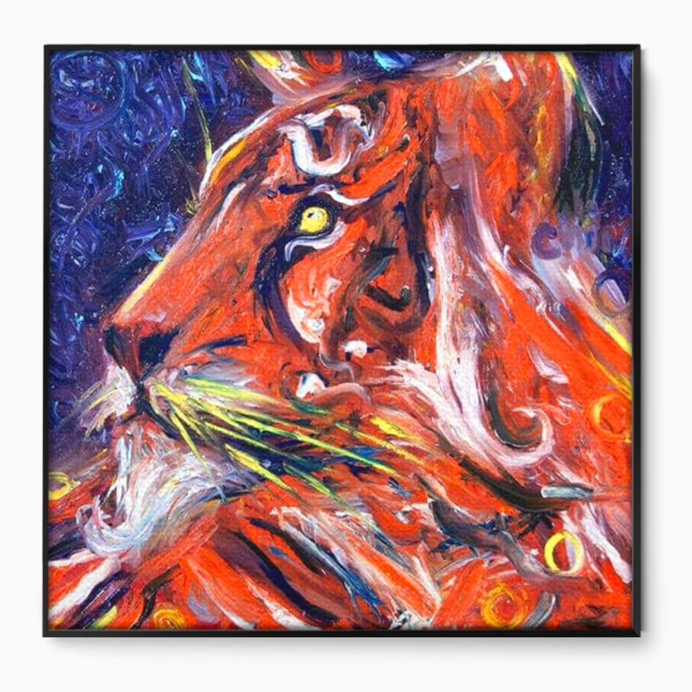 Leinwand Premium Canvas Wandkunst, LuxCanva® M1373, Glory On Fire, Löwe, Tier, Feuer, Flammen, Gemälde, Impressionismus, Abstrakt, Farbenfroh, Vision, Portrait, Büro, Wohnen, Kinderzimmer