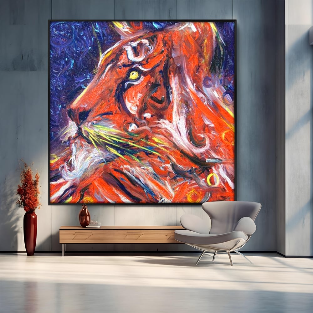 Leinwand Premium Canvas Wandkunst, LuxCanva® M1373, Glory On Fire, Löwe, Tier, Feuer, Flammen, Gemälde, Impressionismus, Abstrakt, Farbenfroh, Vision, Portrait, Büro, Wohnen, Kinderzimmer