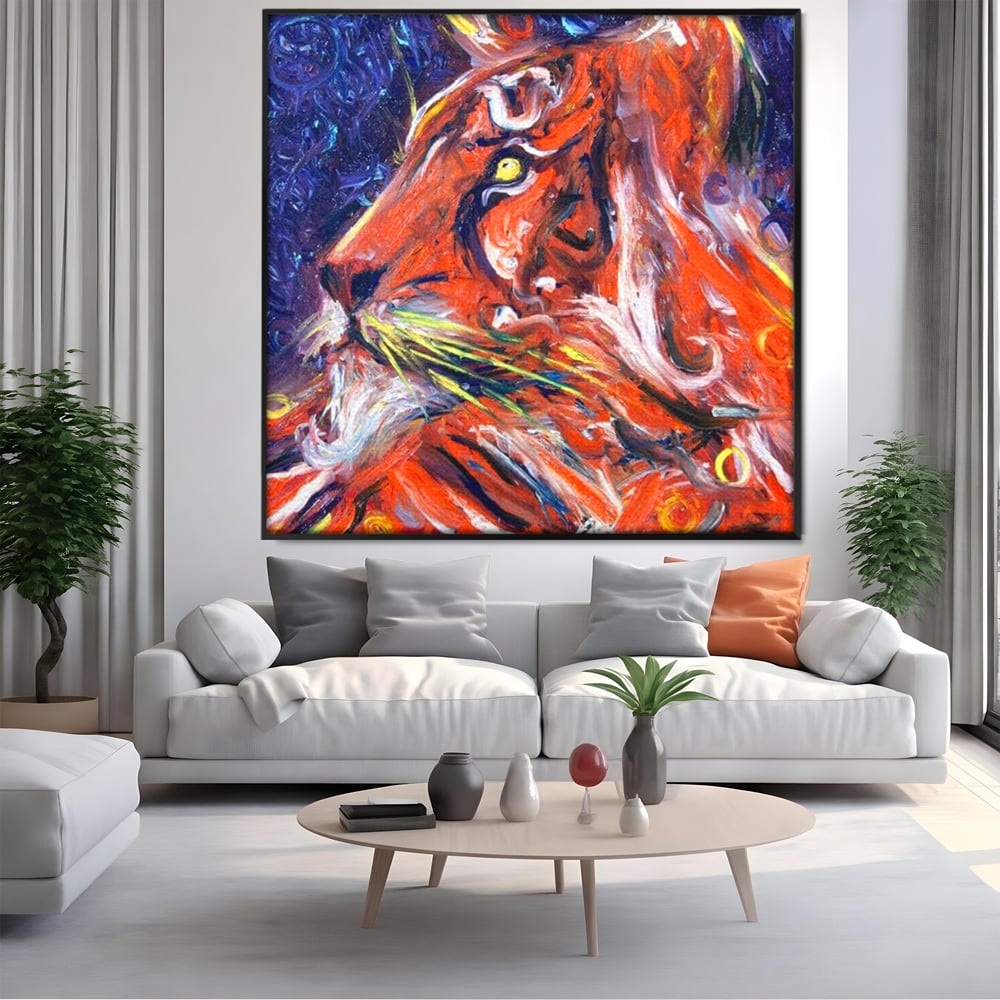 Leinwand Premium Canvas Wandkunst, LuxCanva® M1373, Glory On Fire, Löwe, Tier, Feuer, Flammen, Gemälde, Impressionismus, Abstrakt, Farbenfroh, Vision, Portrait, Büro, Wohnen, Kinderzimmer