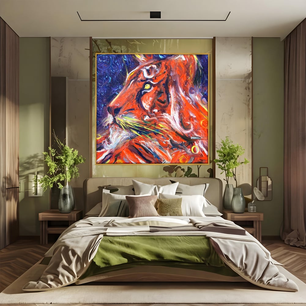 Leinwand Premium Canvas Wandkunst, LuxCanva® M1373, Glory On Fire, Löwe, Tier, Feuer, Flammen, Gemälde, Impressionismus, Abstrakt, Farbenfroh, Vision, Portrait, Büro, Wohnen, Kinderzimmer