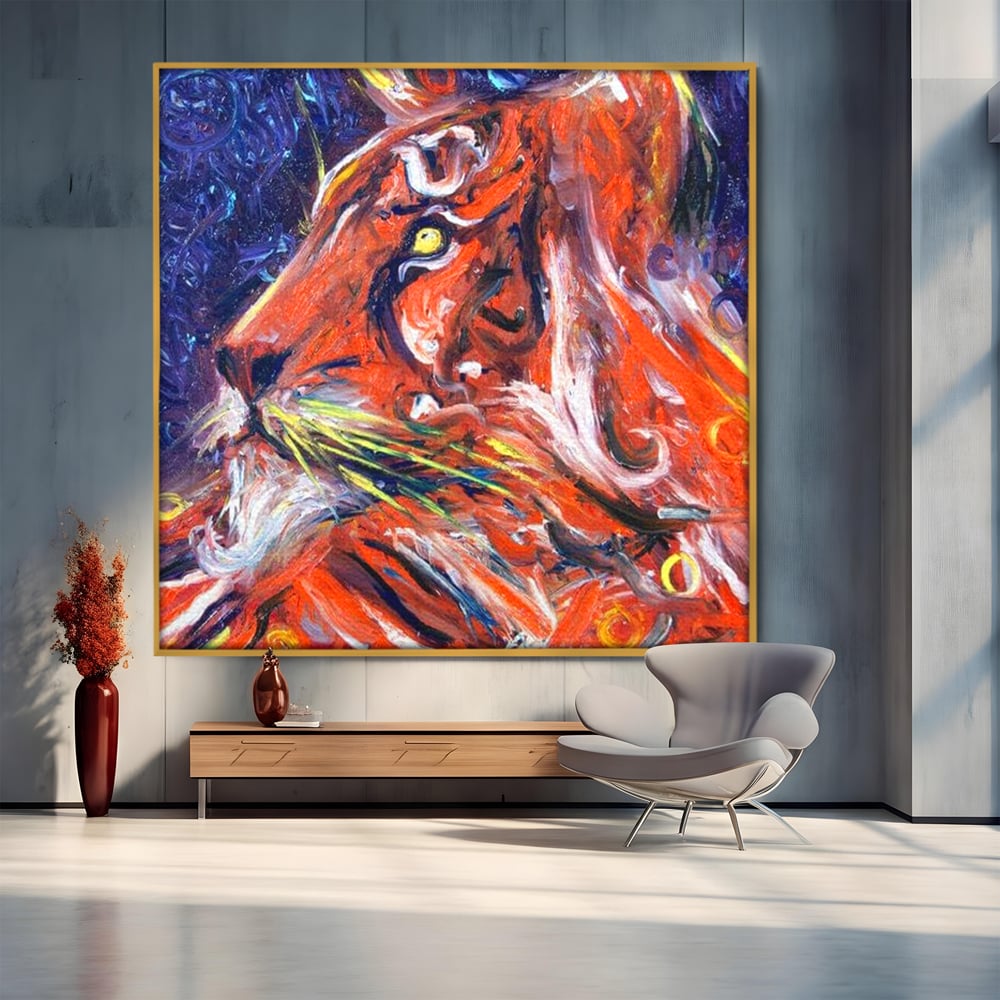 Leinwand Premium Canvas Wandkunst, LuxCanva® M1373, Glory On Fire, Löwe, Tier, Feuer, Flammen, Gemälde, Impressionismus, Abstrakt, Farbenfroh, Vision, Portrait, Büro, Wohnen, Kinderzimmer