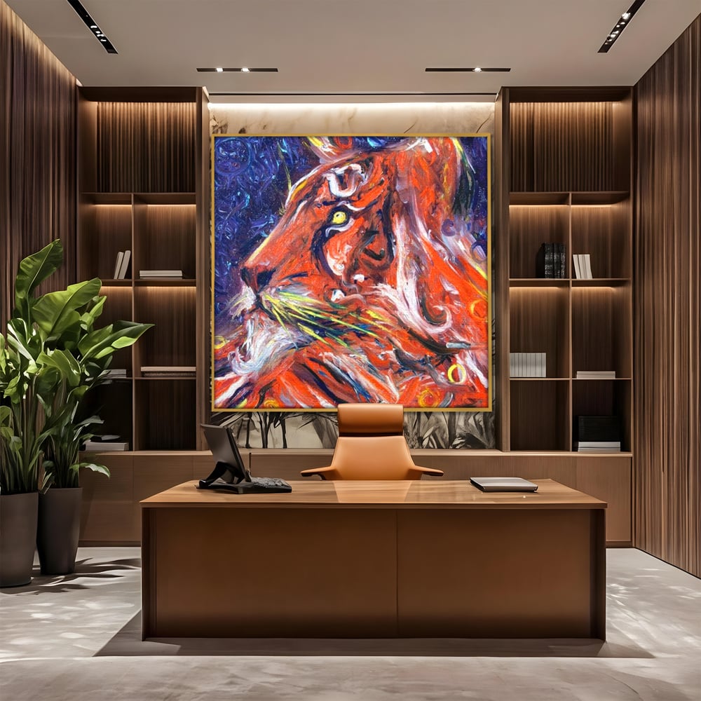 Leinwand Premium Canvas Wandkunst, LuxCanva® M1373, Glory On Fire, Löwe, Tier, Feuer, Flammen, Gemälde, Impressionismus, Abstrakt, Farbenfroh, Vision, Portrait, Büro, Wohnen, Kinderzimmer