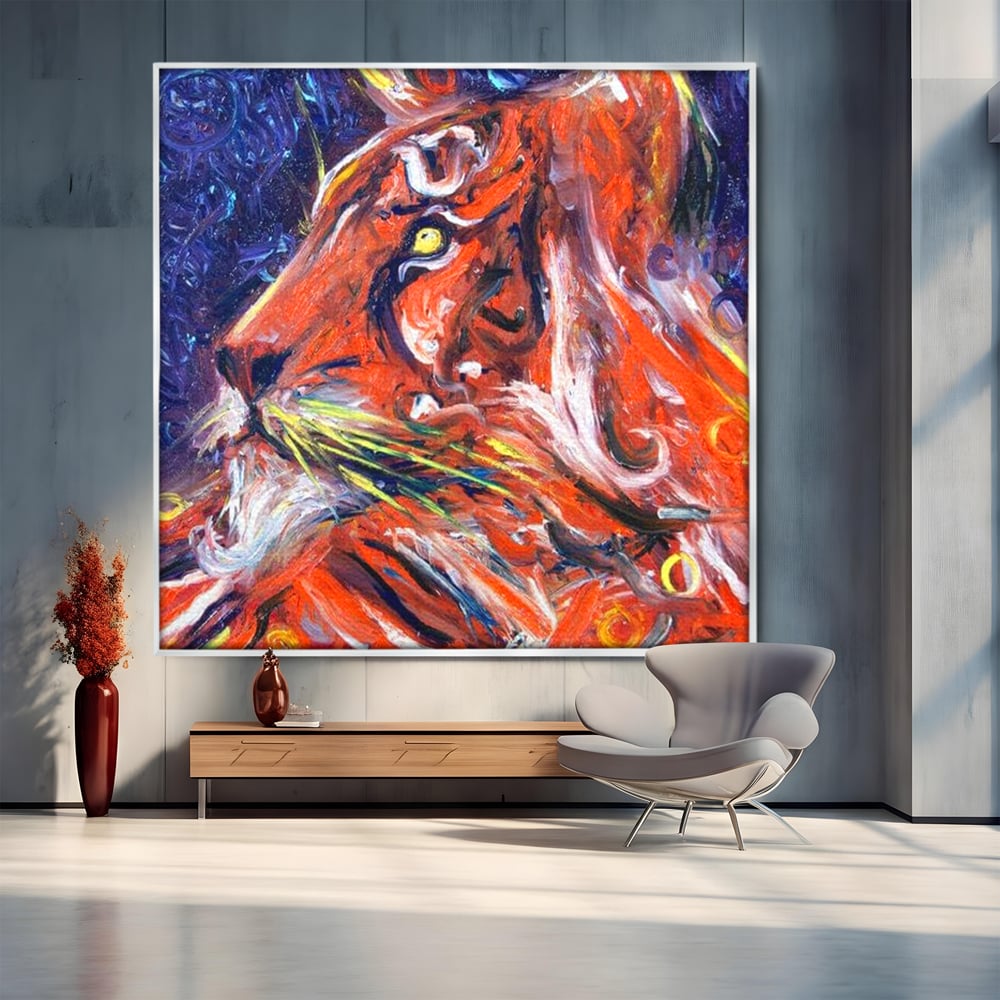 Leinwand Premium Canvas Wandkunst, LuxCanva® M1373, Glory On Fire, Löwe, Tier, Feuer, Flammen, Gemälde, Impressionismus, Abstrakt, Farbenfroh, Vision, Portrait, Büro, Wohnen, Kinderzimmer