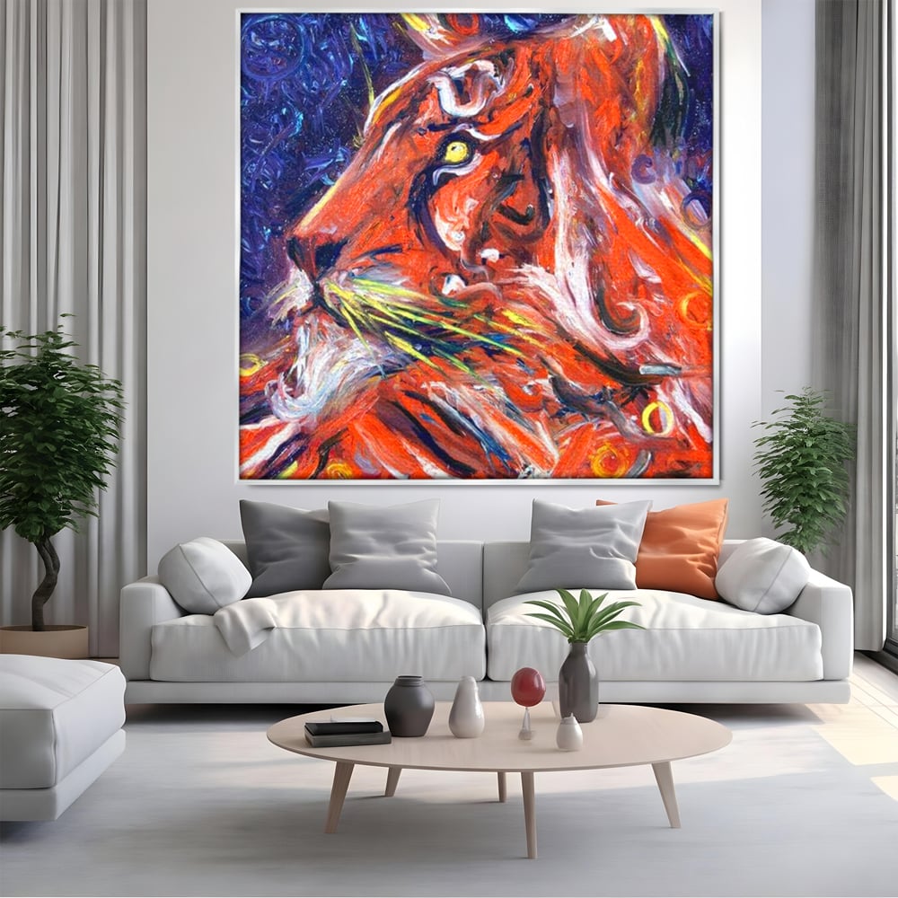 Leinwand Premium Canvas Wandkunst, LuxCanva® M1373, Glory On Fire, Löwe, Tier, Feuer, Flammen, Gemälde, Impressionismus, Abstrakt, Farbenfroh, Vision, Portrait, Büro, Wohnen, Kinderzimmer